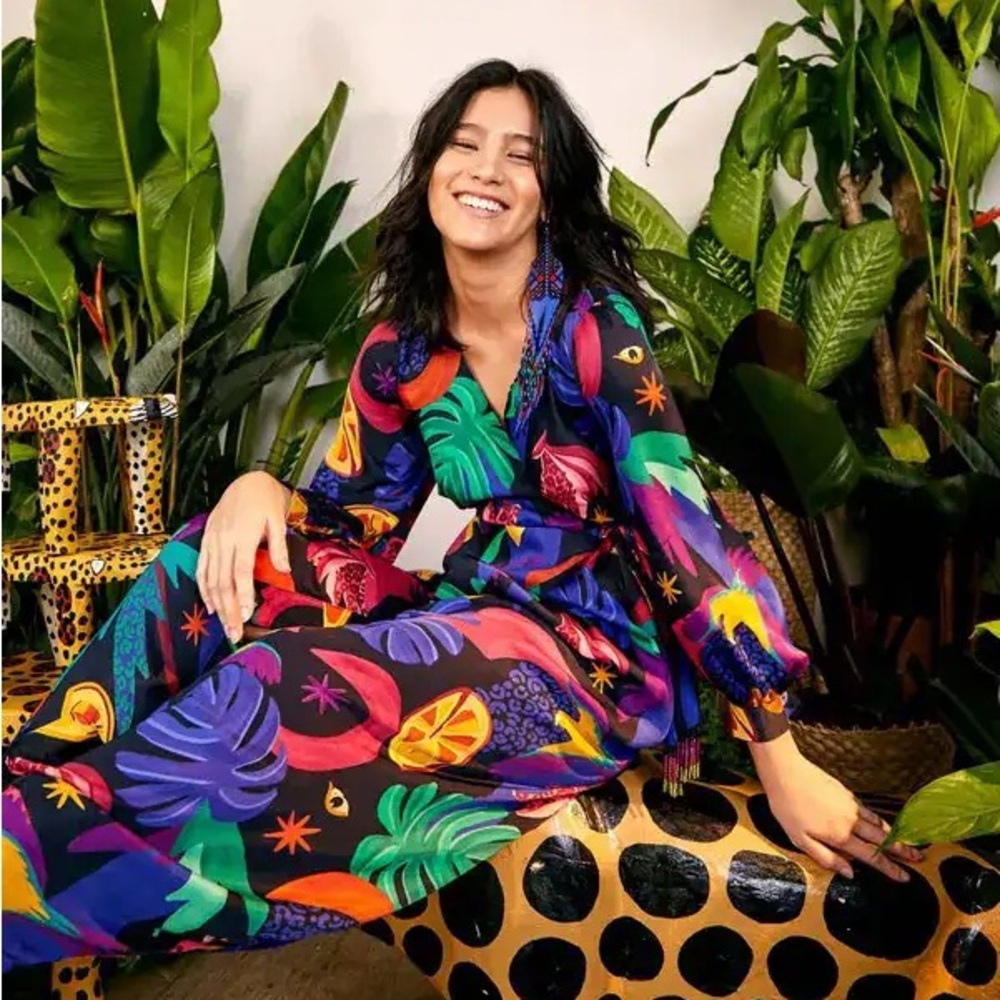 Farm Rio Mystic Jungle Fruit Tropical Boho Faux Wrap Black Jumpsuit Size Small - Picture 3 of 17